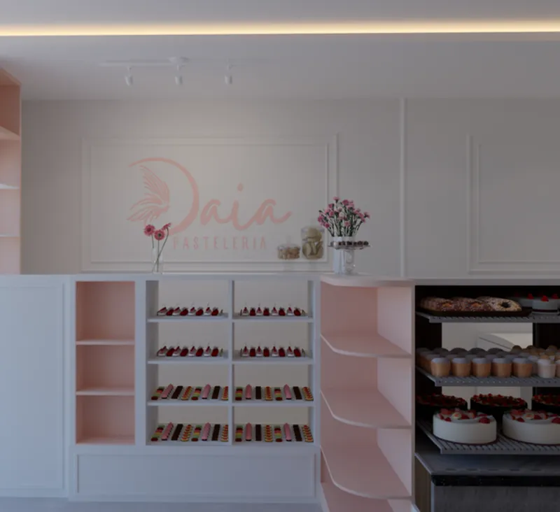 Interior de Daia Pastelería con exhibidores a medida en rosa empolvado