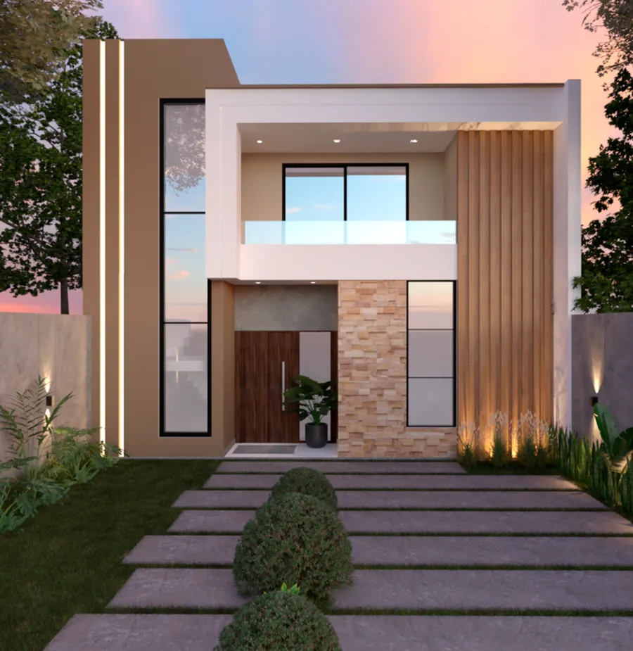 Render del proyecto Duplex al atardecer: fachada moderna de hormigón, madera y piedra