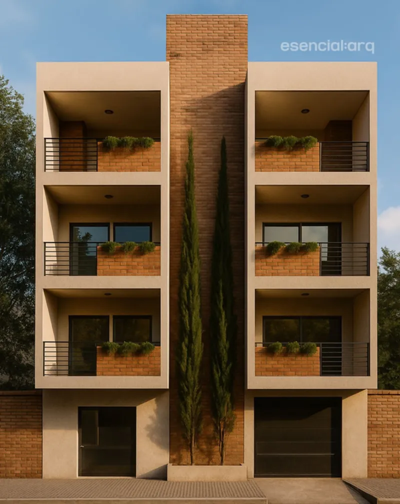 Edificio San: cuatro plantas de departamentos con balcones, ladrillo y un ciprés en el centro