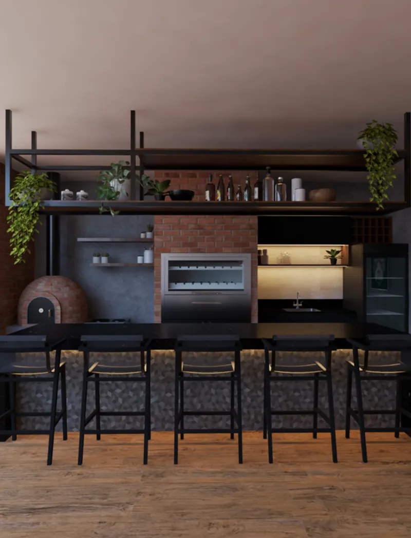 Quincho de estilo industrial con barra, banquetas y estantes de madera oscura